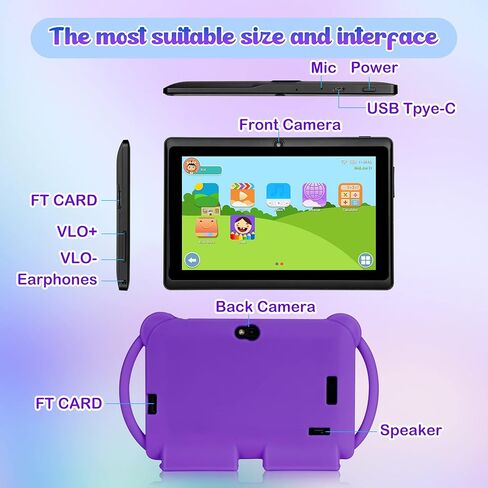 تابلت ATMPC للأطفال، تابلت 7 بوصة للأطفال، ذاكرة وصول عشوائي 32 جيجابايت، ذاكرة وصول عشوائي 3 جيجابايت، أندرويد 11.0 تابلت للأطفال الصغار مع 2.4 جيجا واي فاي، GMS، التحكم الأبوي، تطبيق تعليمي، كاميرا مزدوجة، حافظة مقاومة للصدمات، أرجواني in Kuwait