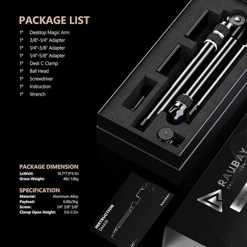 【جميع المعادن】ذراع سحري لسطح المكتب من RAUBAY، حامل مكتب للكاميرا العلوية، حامل إضاءة طاولة مع رأس كروي 1/4 بوصة، محول 3/8 بوصة و5/8 بوصة، مشبك C، ذراع ذراع قابل للسحب لكاميرات DSLR، وكاميرا الويب، والميكروفون، وجهاز العرض DMA01 in Kuwait