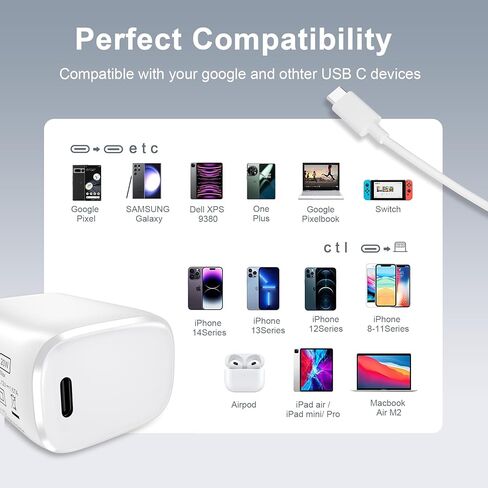 شاحن سريع USB C بقوة 30 وات - شاحن Google Pixel لهاتف Google Pixel 7 Pro/7/6a/6 Pro/6، كتلة شحن سريعة مع كابل 6 أقدام لهاتف Samsung Galaxy S23/S22/S21، Note 10/20، iPad Pro 12.9/11 بوصة، ماك بوك برو/إير in Kuwait