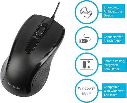 تارغوس ماوس ضوئي 3 ازرار USB بالحجم الكامل مع سلك USB بطول 6 قدم، يدعم ويندوز وماك، اسود (AMU81USZ) in Kuwait