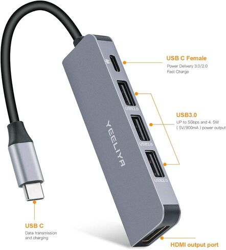 محول USB C لجهاز MacBook Pro، 5 في 1 usbc إلى Hdmi-متوافق (4k) Dongle، 100W PD، USB-C إلى USB 3. 0 منافذ (3) لأجهزة iPad Pro MacBook Pro وغيرها من نوع C in Kuwait
