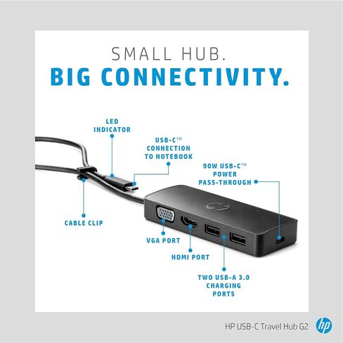 HP USB-C® Travel Hub G2 - Multi Port Dongle for Charging, Accessories, and Connecting an Extra Display - HDMI, VGA, and Two USB-A 3.0 Ports - Scalable Power with 45W, 65W, or 90W Adapter in Saudi Arabia
