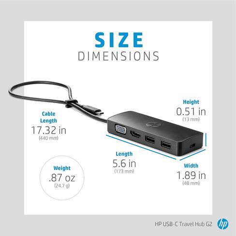 HP USB-C® Travel Hub G2 - Multi Port Dongle for Charging, Accessories, and Connecting an Extra Display - HDMI, VGA, and Two USB-A 3.0 Ports - Scalable Power with 45W, 65W, or 90W Adapter in Saudi Arabia