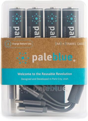 USB Rechargeable AA Batteries by Pale Blue, Lithium Ion 1.5v 1700 mAh, Charges 1.5 Hours, Over 1000 Cycles, 4-in-1 USB-A to USB-C Charging Cable, LED Charge Indicator, 12-Pack in Saudi Arabia