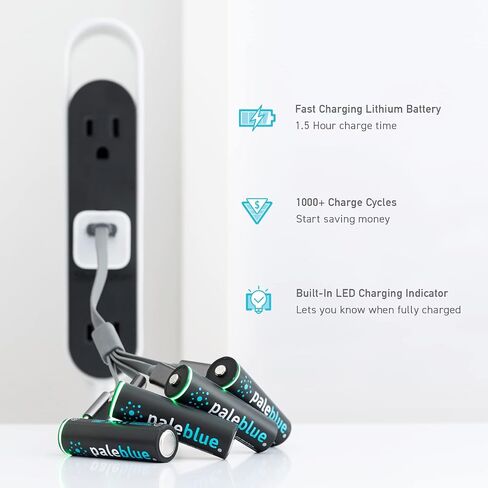 USB Rechargeable AA Batteries by Pale Blue, Lithium Ion 1.5v 1700 mAh, Charges 1.5 Hours, Over 1000 Cycles, 4-in-1 USB-A to USB-C Charging Cable, LED Charge Indicator, 12-Pack in Saudi Arabia