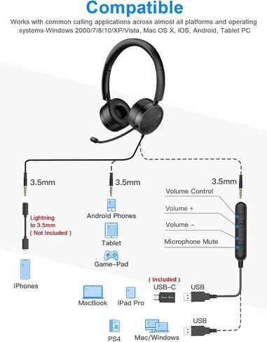 سماعة رأس USB من New bee، سماعة كمبيوتر مدمجة للتحكم في المكالمات، سماعة مكتب مع خاصية إلغاء الضوضاء، ميكروفون لمركز الاتصال لسكايب، تكبير، كمبيوتر محمول، هاتف، كمبيوتر شخصي، كمبيوتر لوحي، منزل مع محول USB-C in Kuwait