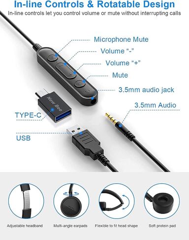 سماعة رأس USB من New bee، سماعة كمبيوتر مدمجة للتحكم في المكالمات، سماعة مكتب مع خاصية إلغاء الضوضاء، ميكروفون لمركز الاتصال لسكايب، تكبير، كمبيوتر محمول، هاتف، كمبيوتر شخصي، كمبيوتر لوحي، منزل مع محول USB-C in Kuwait