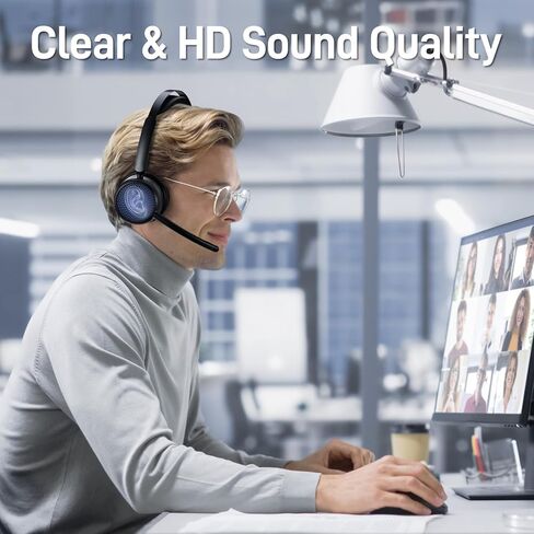 سماعة رأس لاسلكية EMEET مع ميكروفون، سماعات بلوتوث HS80 مع ميكروفون لإلغاء الضوضاء، وقت عمل 46 ساعة، زر كتم الصوت، دونجل لاسلكي 2.4 جيجا، سماعة رأس لاسلكية للكمبيوتر/المكتب/مركز الاتصال/التكبير/التصغير/سكايب in Kuwait