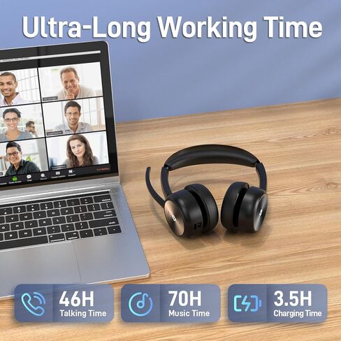 سماعة رأس لاسلكية EMEET مع ميكروفون، سماعات بلوتوث HS80 مع ميكروفون لإلغاء الضوضاء، وقت عمل 46 ساعة، زر كتم الصوت، دونجل لاسلكي 2.4 جيجا، سماعة رأس لاسلكية للكمبيوتر/المكتب/مركز الاتصال/التكبير/التصغير/سكايب in Kuwait