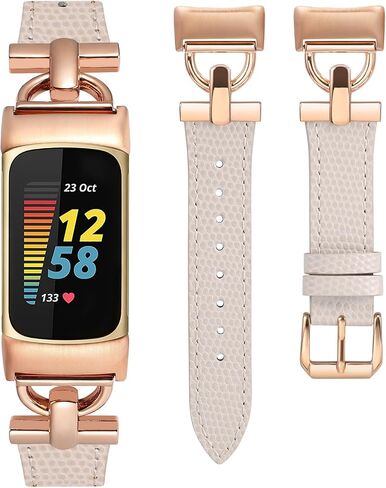 سوار جلدي من Wearlizer متوافق مع Fitbit Charge 5 Bands للنساء، سوار معصم بديل بحزام جلدي نحيف أنيق مع إبزيم معدني على شكل D لسوار Fitbit Charge 5 in Kuwait