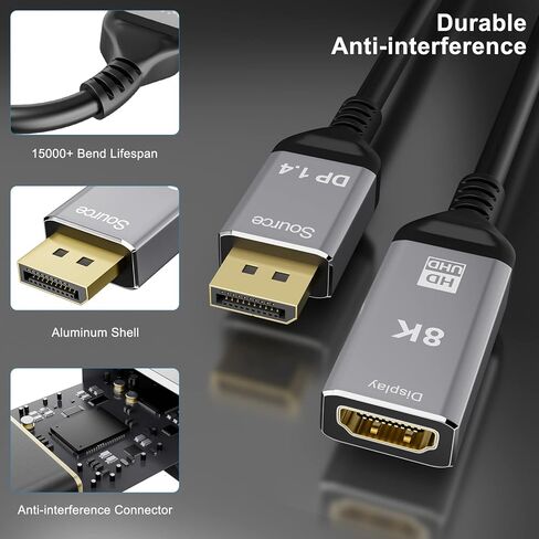 CABLEDECONN DisplayPort 1.4 to HDMI 2.1 Ultra HD 8K Male to Female Cable 0.25m Converter 8K@60Hz 4K@120Hz Directional Compatible with DisplayPort PC and HDMI Displays Tvs in Kuwait