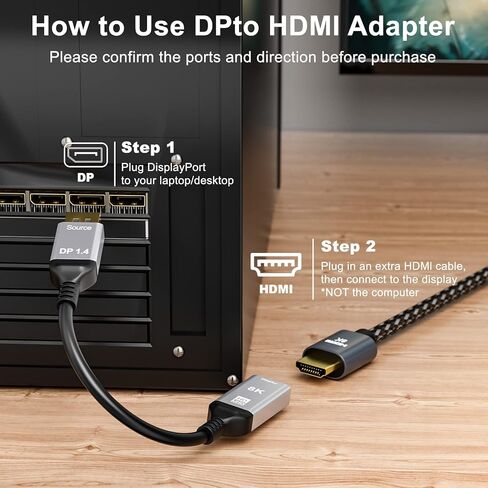 CABLEDECONN DisplayPort 1.4 to HDMI 2.1 Ultra HD 8K Male to Female Cable 0.25m Converter 8K@60Hz 4K@120Hz Directional Compatible with DisplayPort PC and HDMI Displays Tvs in Kuwait