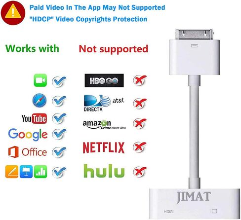 JIMAT 30-Pin to HDMI, Dock to HDMI TV AV Cable Adapter Video Converter + Charging | Support iOS 9.3 | Extender Projector, TV, Monitor | Compatible for iPad 2 3 iPhone 4 4S iPod Touch 4 in Saudi Arabia