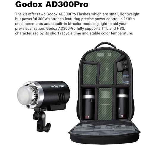 فلاش GODOX AD300 Pro Godox AD300Pro Godox Flash، TTL 2.4G HSS 1 / 8000s فلاش خارجي مع بطارية ليثيوم 2600 مللي أمبير في الساعة، وقت إعادة التدوير 0.01-1.5 ثانية، 320 ومضة طاقة كاملة، مع حقيبة ظهر/AD-S60S Softbox/مظلتين in Kuwait