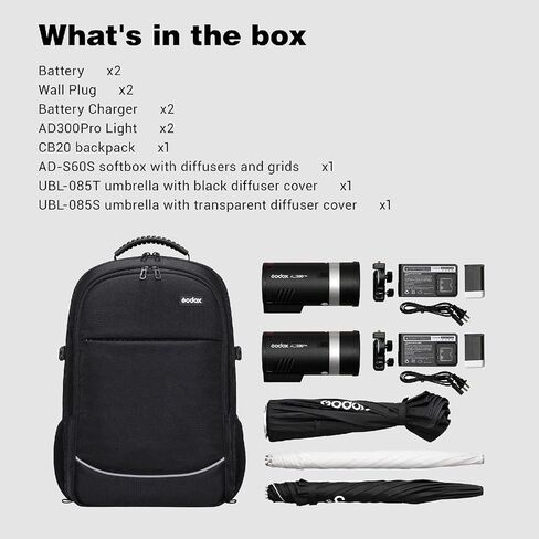 فلاش GODOX AD300 Pro Godox AD300Pro Godox Flash، TTL 2.4G HSS 1 / 8000s فلاش خارجي مع بطارية ليثيوم 2600 مللي أمبير في الساعة، وقت إعادة التدوير 0.01-1.5 ثانية، 320 ومضة طاقة كاملة، مع حقيبة ظهر/AD-S60S Softbox/مظلتين in Kuwait