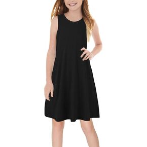 GORLYA Girl's Summer Casual Loose Tank Swing Midi Cute Shift Dress with Pockets for 4-14T Kids
