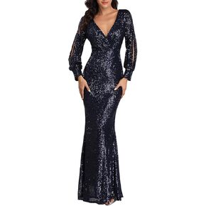 A ARFAR Women Sequin Evening Dress Long Sleeve Dress Sexy V-Neck Dress Formal Party Dress Split Sleeve