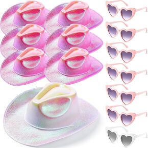Leumoi 14 Pcs Holographic Bridal Cowgirl Party Set Heart Glasses Bride Cowboy Hats for Bachelorette Party Wedding