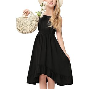 Kukume Girls Sundress Casual Summer Square Neck A-line Elastic Waist High Low Ruffle Hem Midi Dress 3-12Y