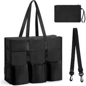 Welltop Utility Tote Bag, Water Resistant Large Tote Bags for Women with 22 Pockets Black Handbags Crossbody Teacher Bag Nurse Tote Bag with Zipper & Thick Bottom Support for Work, Travel, School in Kuwait