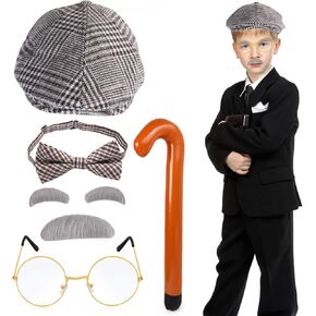 Yewong Kids Old Man Costume Grandpa Accessories Beret Hat Mustache Eyebrows Inflatable Cane Glasses Bowite Set in Saudi Arabia
