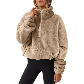ANRABESS Women Long Sleeve Oversized Half Zip Fleece Sweatshirt Soft Sherpa Fleece Pullover Top With Pockets
