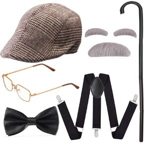 Yewong 1920s Mens Gatsby Gangster Costume Old Man Fancy Dress Costume Grandpa Accessories Set with Newsboy Hat