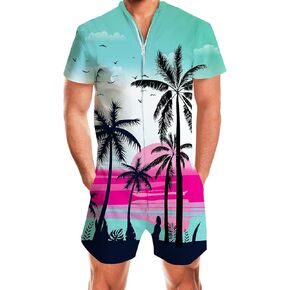 AIDEAONE Mens Casual 3D Printed Short Sleeve Rompers Zip Jumpsuit with Pocket S-XXL