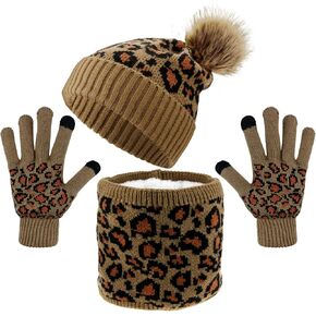 3 Pcs Leopard Print Winter Hat Gloves Scraf with Knit Plush Lined Set for Women and Teenagers in Saudi Arabia