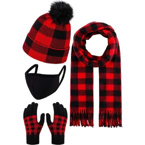 Apoway Full Cover Winter Warm Set Buffalo Plaid Scarf Knit Beanie Hat with Pompom Gloves Face Cover for Women Men in Kuwait