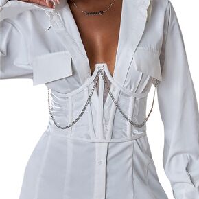 JUMISEE Women See Through Mesh Lace Up Bustier Corset Metal Chain Boned Overbust Waist Cincher Wide Belt