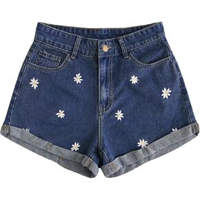 SweatyRocks Women's Casual High Waist Daisy Floral Embroidery Folded Hem Denim Jean Shorts