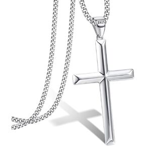 MILACOLATO 925 Sterling Silver Cross Pendant Necklace for Men Women | 2mm Sterling Silver Cuban Chain Necklace | Men's Beveled Edge Cross Pendant Necklace | Available Size 16/18/20/22/24 Inch