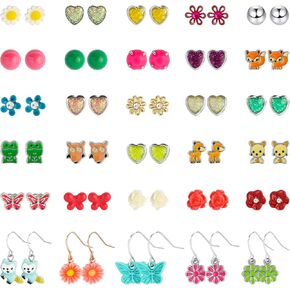 NEWITIN 30 Pairs Colorful Cute Stud Earrings for Girls Hypoallergenic Earrings Stainless Steel Earrings for Girls and Women