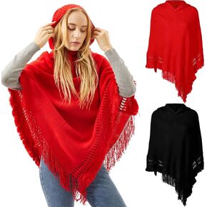 Liitrsh 2 Pcs Women Knitted Hooded Cape with Fringed Hem Solid Color Crochet Poncho Women's Pullover Sweaters Knit Pattern