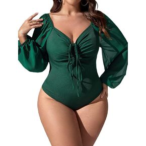 WDIRARA Women's Plus Size Drawstring Tie Front Ruched Chiffon Lantern Sleeve Solid Bodysuit in Kuwait