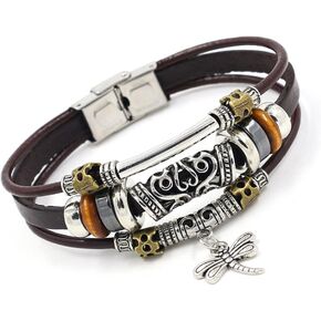 MALOYANVE Bohemian Leather Bracelets for Men and Women Vintage Punk Alloy Butterfly Key Adjustable Beaded Wrap Multilayer Braided Cuff Bangles Wristband Wrist Decor Bracelet