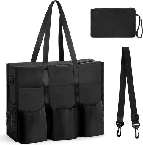Welltop Utility Tote Bag, Water Resistant Large Tote Bags for Women with 22 Pockets Black Handbags Crossbody Teacher Bag Nurse Tote Bag with Zipper & Thick Bottom Support for Work, Travel, School in Kuwait