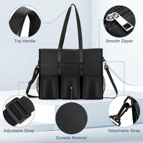 Welltop Utility Tote Bag, Water Resistant Large Tote Bags for Women with 22 Pockets Black Handbags Crossbody Teacher Bag Nurse Tote Bag with Zipper & Thick Bottom Support for Work, Travel, School in Kuwait