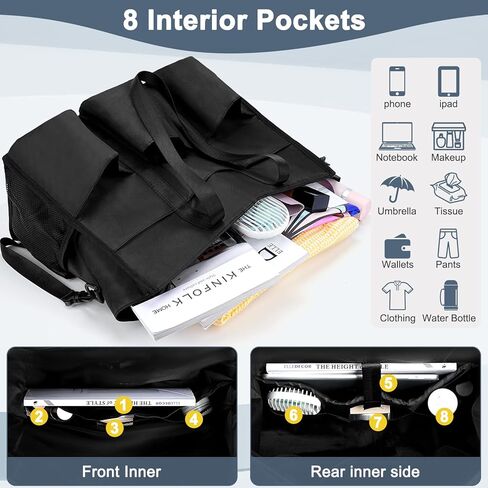 Welltop Utility Tote Bag, Water Resistant Large Tote Bags for Women with 22 Pockets Black Handbags Crossbody Teacher Bag Nurse Tote Bag with Zipper & Thick Bottom Support for Work, Travel, School in Kuwait