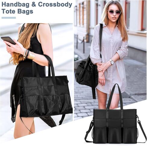 Welltop Utility Tote Bag, Water Resistant Large Tote Bags for Women with 22 Pockets Black Handbags Crossbody Teacher Bag Nurse Tote Bag with Zipper & Thick Bottom Support for Work, Travel, School in Kuwait