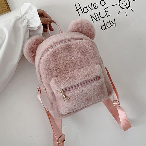Mellshy Cute Fuzzy Bear Ears Backpack Kawaii Soft Fluffy Casual Daypack Mini Shoulder Bag Purse for Girls (Pink) in Kuwait