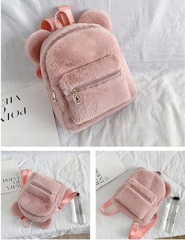 Mellshy Cute Fuzzy Bear Ears Backpack Kawaii Soft Fluffy Casual Daypack Mini Shoulder Bag Purse for Girls (Pink) in Kuwait