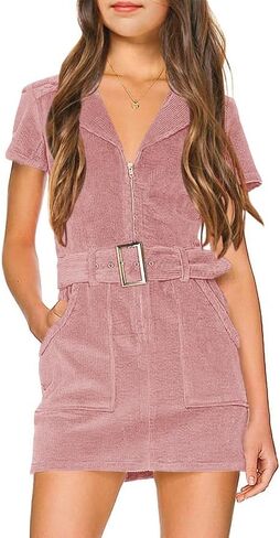 فستان قصير للفتيات من Meikulo بأكمام قصيرة ولون سادة وسحاب وحزام فساتين راعية البقر مع جيوب in Kuwait