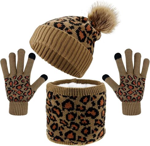 3 Pcs Leopard Print Winter Hat Gloves Scraf with Knit Plush Lined Set for Women and Teenagers in Saudi Arabia