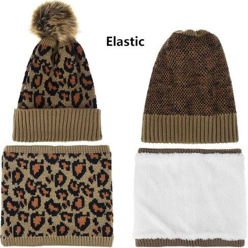 3 Pcs Leopard Print Winter Hat Gloves Scraf with Knit Plush Lined Set for Women and Teenagers in Saudi Arabia