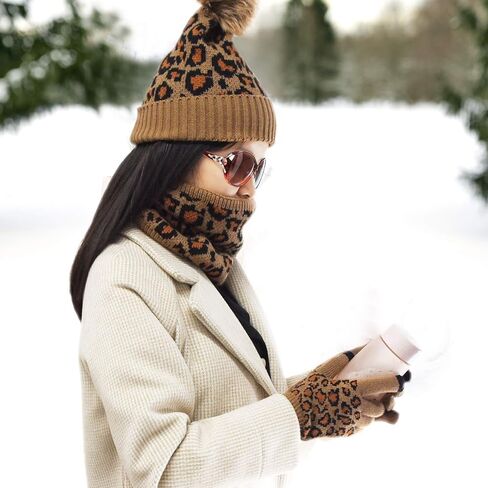3 Pcs Leopard Print Winter Hat Gloves Scraf with Knit Plush Lined Set for Women and Teenagers in Saudi Arabia