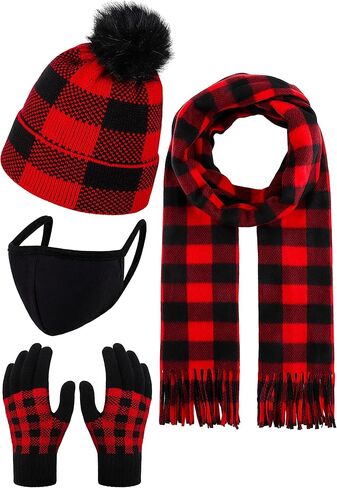 Apoway Full Cover Winter Warm Set Buffalo Plaid Scarf Knit Beanie Hat with Pompom Gloves Face Cover for Women Men in Kuwait