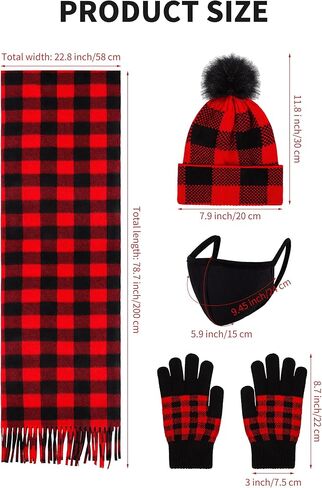 Apoway Full Cover Winter Warm Set Buffalo Plaid Scarf Knit Beanie Hat with Pompom Gloves Face Cover for Women Men in Kuwait