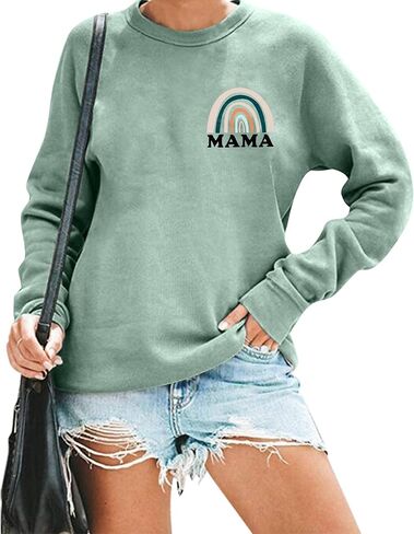 MOUSYA Mama Top Women Mama Sweatshirt قوس قزح جرافيك قميص طويل الأكمام طاقم الرقبة البلوز أمي بلوزة in Kuwait